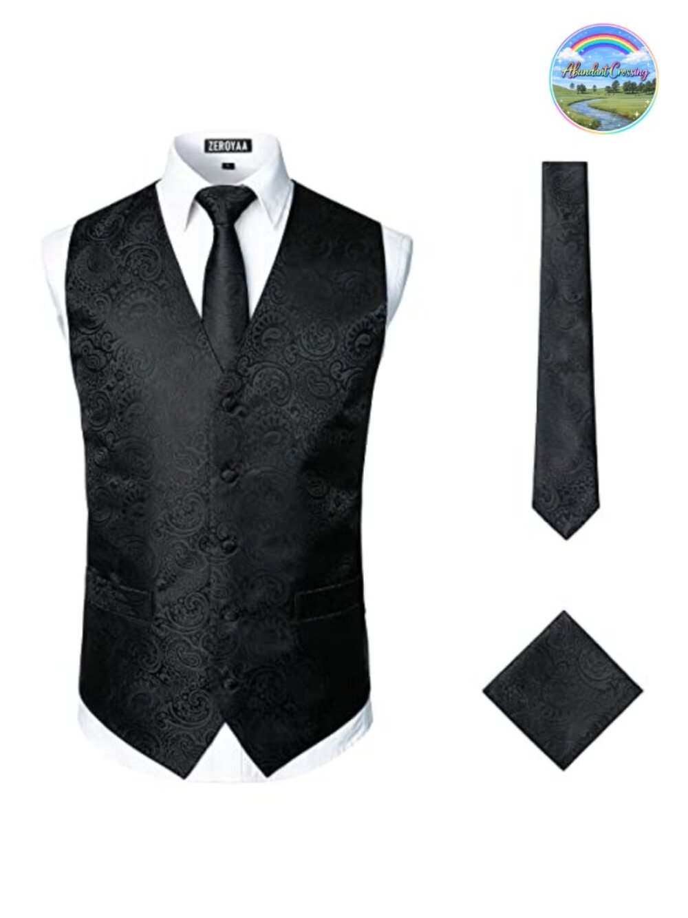Mens Classic Jacquard Paisley Vest Set 3pc with Tie & Handkerchief
